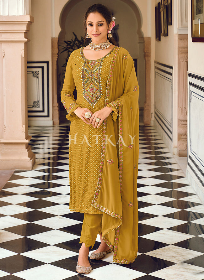 Hand Embroidered Cotton Silk Pakistani Suit in Yellow : KYS67